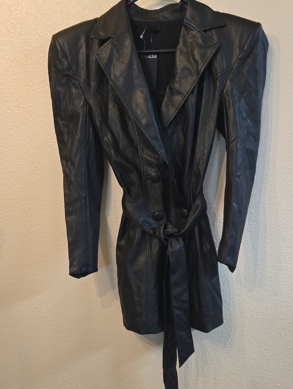 NBD Black Faux Leather Belted Blazer